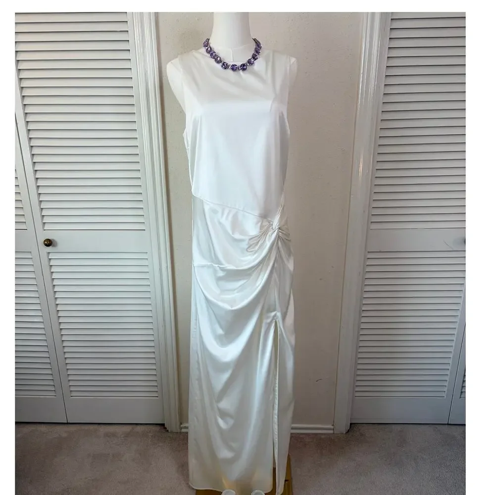 Abercrombie Draped White Satin Maxi Dress with Cutout Back Size Large